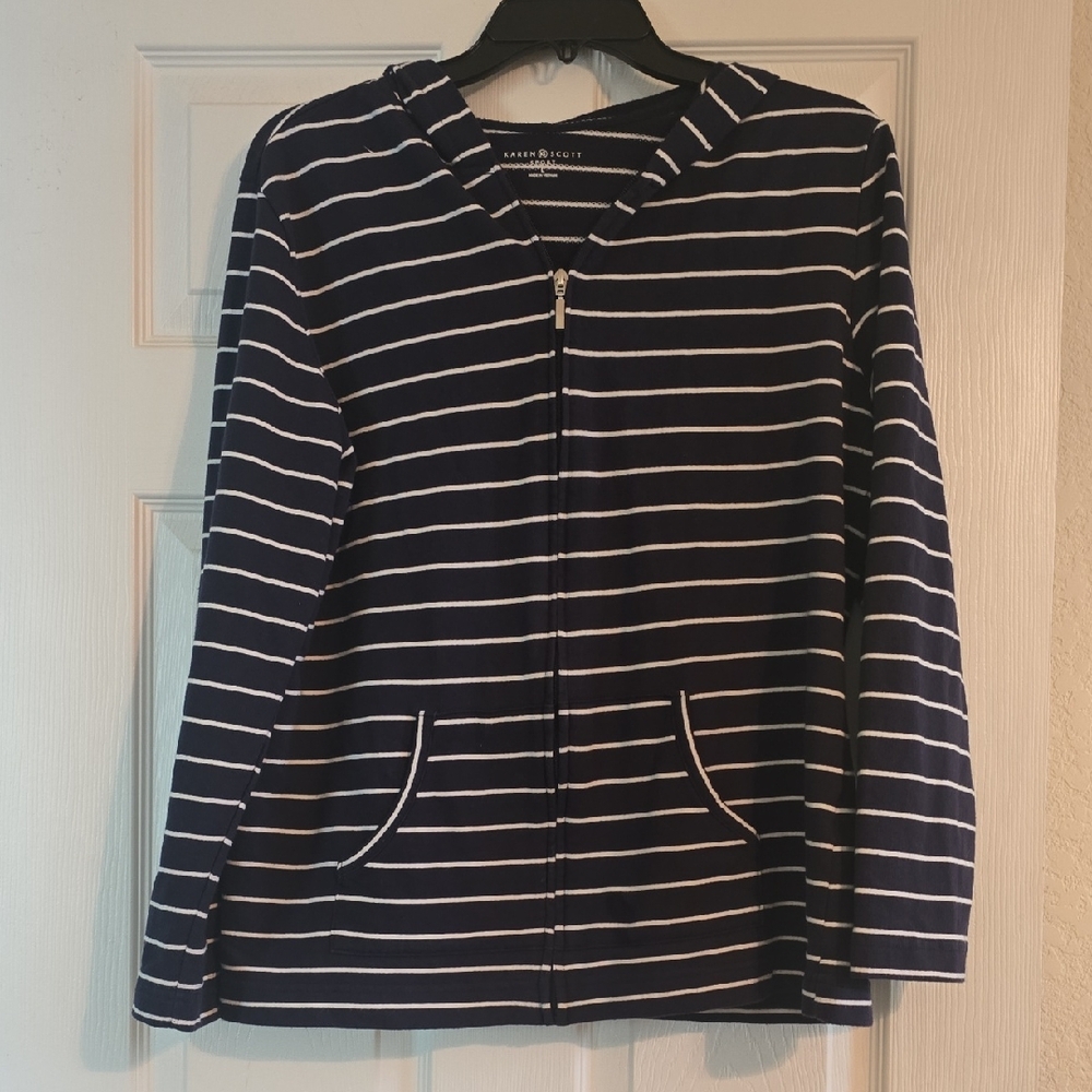 Karen Scott Dark Blue and White Striped Zip-Up Hoodie